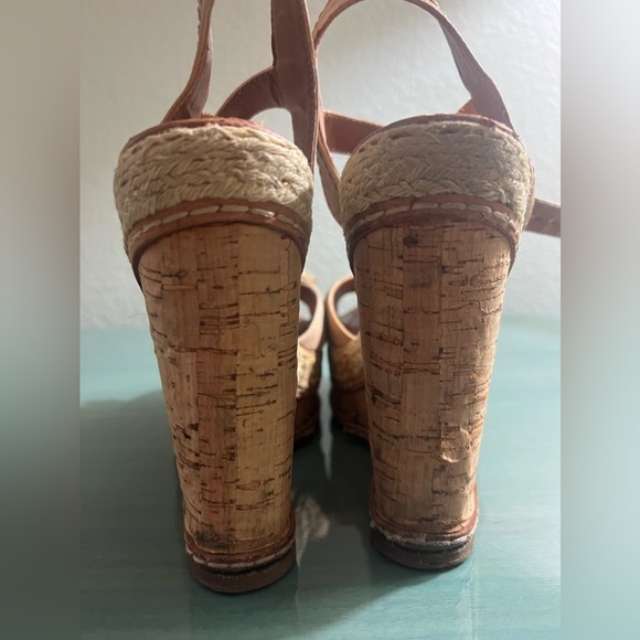 Steve Madden Cognac Brown Cork Wedges with Leather Bow Accent - Picture 4 of 10